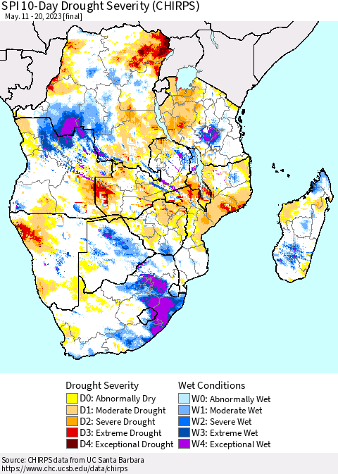 Southern Africa SPI 10-Day Drought Severity (CHIRPS) Thematic Map For 5/11/2023 - 5/20/2023