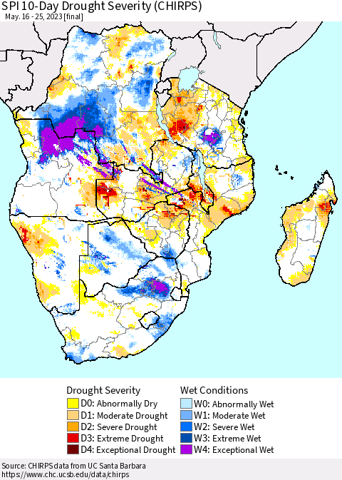 Southern Africa SPI 10-Day Drought Severity (CHIRPS) Thematic Map For 5/16/2023 - 5/25/2023