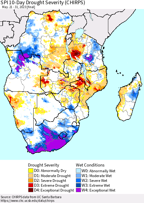 Southern Africa SPI 10-Day Drought Severity (CHIRPS) Thematic Map For 5/21/2023 - 5/31/2023