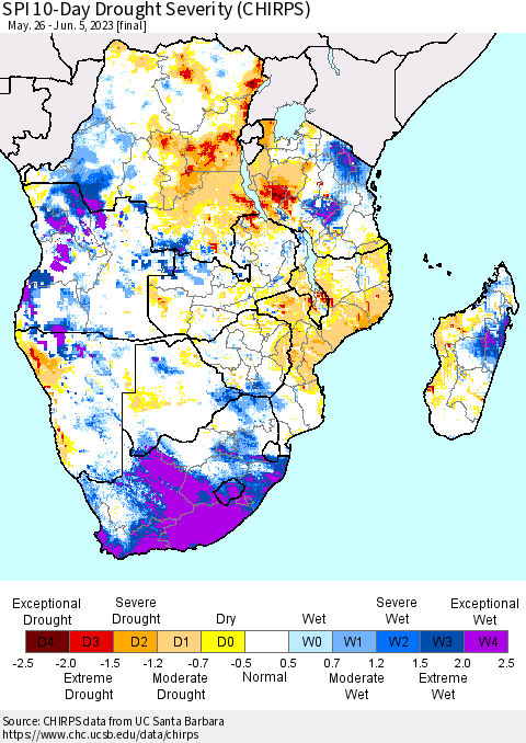 Southern Africa SPI 10-Day Drought Severity (CHIRPS) Thematic Map For 5/26/2023 - 6/5/2023