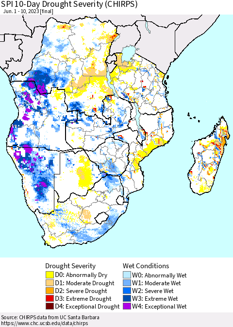 Southern Africa SPI 10-Day Drought Severity (CHIRPS) Thematic Map For 6/1/2023 - 6/10/2023