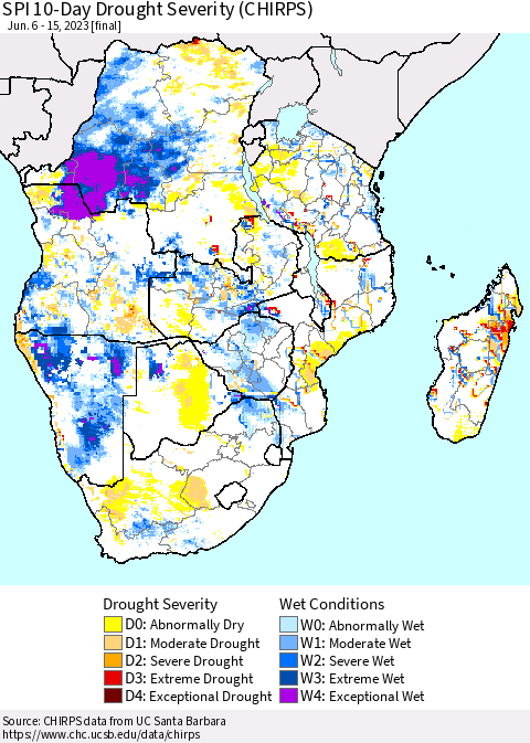 Southern Africa SPI 10-Day Drought Severity (CHIRPS) Thematic Map For 6/6/2023 - 6/15/2023