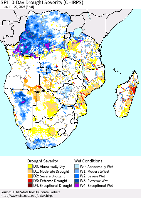 Southern Africa SPI 10-Day Drought Severity (CHIRPS) Thematic Map For 6/11/2023 - 6/20/2023