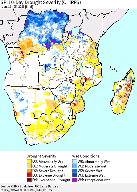 Southern Africa SPI 10-Day Drought Severity (CHIRPS) Thematic Map For 6/16/2023 - 6/25/2023