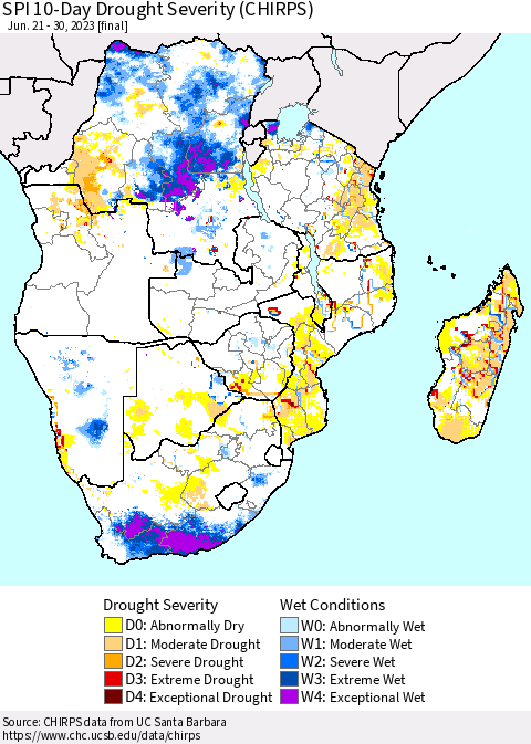 Southern Africa SPI 10-Day Drought Severity (CHIRPS) Thematic Map For 6/21/2023 - 6/30/2023