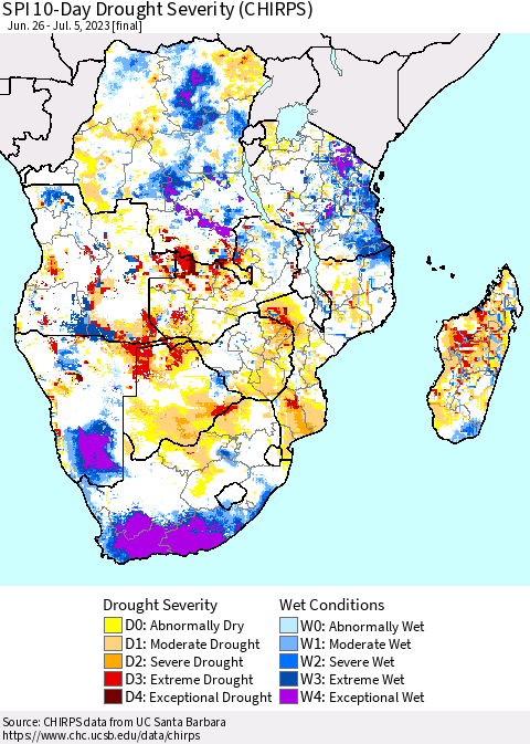 Southern Africa SPI 10-Day Drought Severity (CHIRPS) Thematic Map For 6/26/2023 - 7/5/2023
