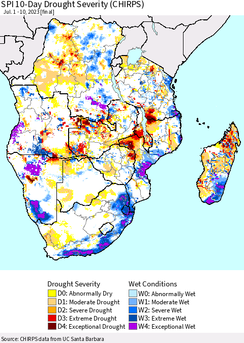 Southern Africa SPI 10-Day Drought Severity (CHIRPS) Thematic Map For 7/1/2023 - 7/10/2023