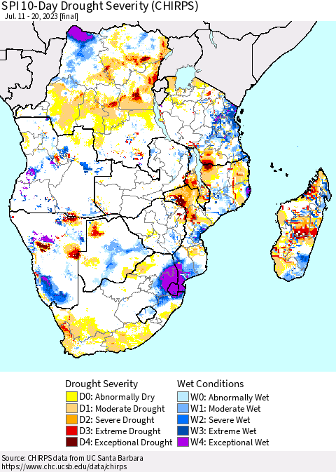 Southern Africa SPI 10-Day Drought Severity (CHIRPS) Thematic Map For 7/11/2023 - 7/20/2023