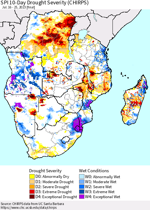 Southern Africa SPI 10-Day Drought Severity (CHIRPS) Thematic Map For 7/16/2023 - 7/25/2023