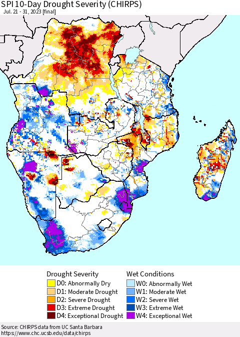 Southern Africa SPI 10-Day Drought Severity (CHIRPS) Thematic Map For 7/21/2023 - 7/31/2023