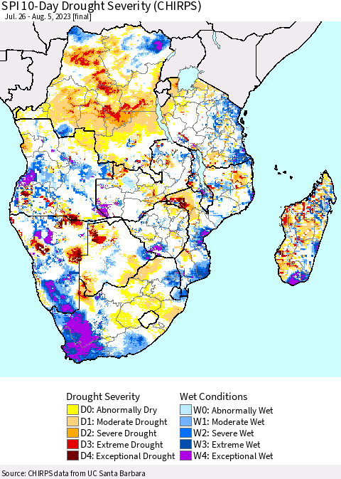 Southern Africa SPI 10-Day Drought Severity (CHIRPS) Thematic Map For 7/26/2023 - 8/5/2023