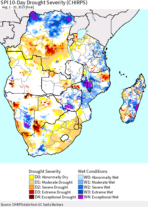 Southern Africa SPI 10-Day Drought Severity (CHIRPS) Thematic Map For 8/1/2023 - 8/10/2023