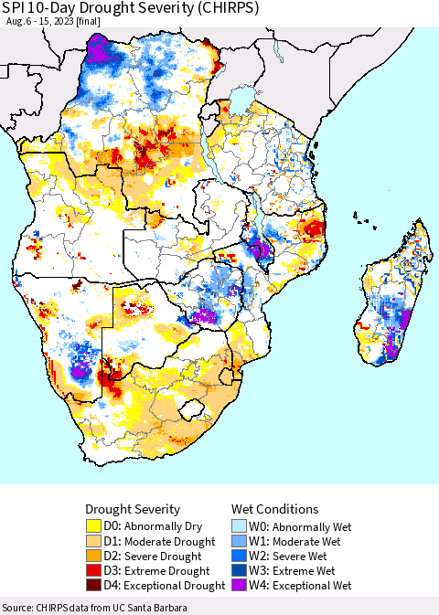 Southern Africa SPI 10-Day Drought Severity (CHIRPS) Thematic Map For 8/6/2023 - 8/15/2023