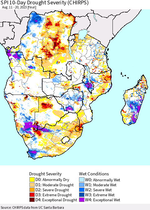 Southern Africa SPI 10-Day Drought Severity (CHIRPS) Thematic Map For 8/11/2023 - 8/20/2023