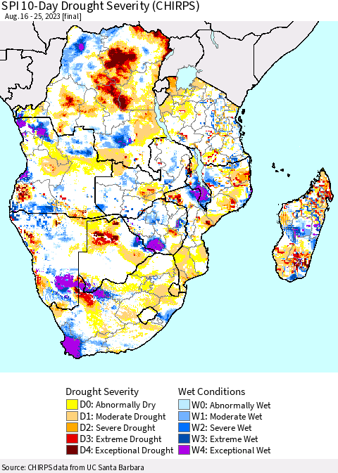 Southern Africa SPI 10-Day Drought Severity (CHIRPS) Thematic Map For 8/16/2023 - 8/25/2023