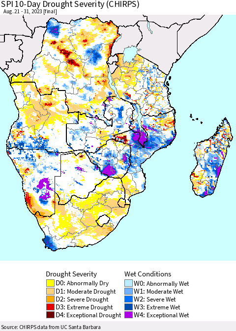 Southern Africa SPI 10-Day Drought Severity (CHIRPS) Thematic Map For 8/21/2023 - 8/31/2023
