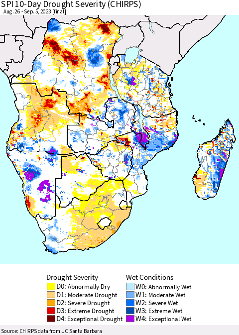 Southern Africa SPI 10-Day Drought Severity (CHIRPS) Thematic Map For 8/26/2023 - 9/5/2023