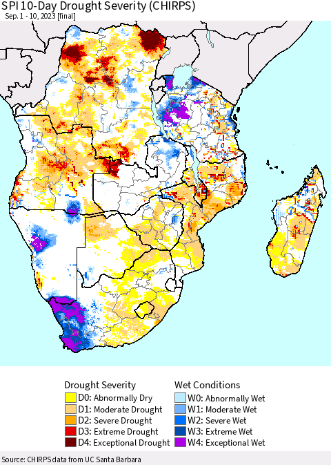 Southern Africa SPI 10-Day Drought Severity (CHIRPS) Thematic Map For 9/1/2023 - 9/10/2023