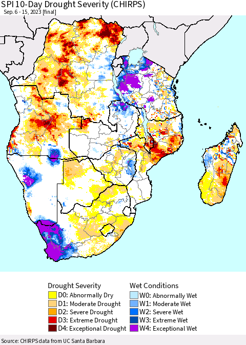 Southern Africa SPI 10-Day Drought Severity (CHIRPS) Thematic Map For 9/6/2023 - 9/15/2023
