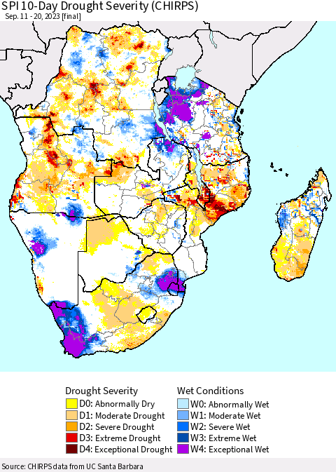 Southern Africa SPI 10-Day Drought Severity (CHIRPS) Thematic Map For 9/11/2023 - 9/20/2023
