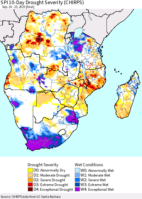 Southern Africa SPI 10-Day Drought Severity (CHIRPS) Thematic Map For 9/16/2023 - 9/25/2023