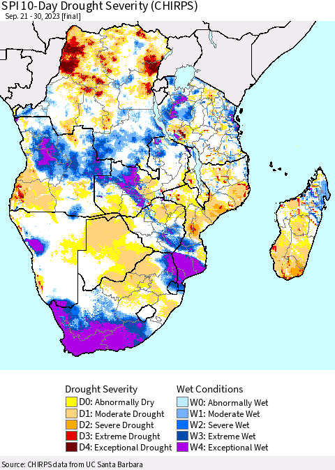 Southern Africa SPI 10-Day Drought Severity (CHIRPS) Thematic Map For 9/21/2023 - 9/30/2023