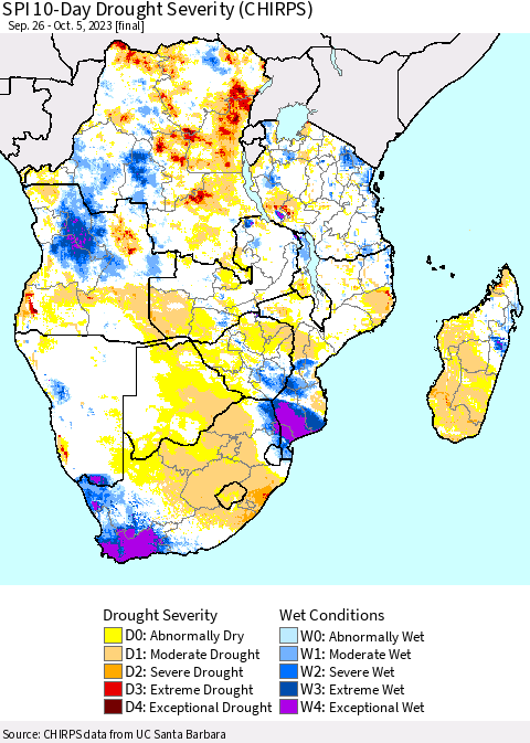 Southern Africa SPI 10-Day Drought Severity (CHIRPS) Thematic Map For 9/26/2023 - 10/5/2023