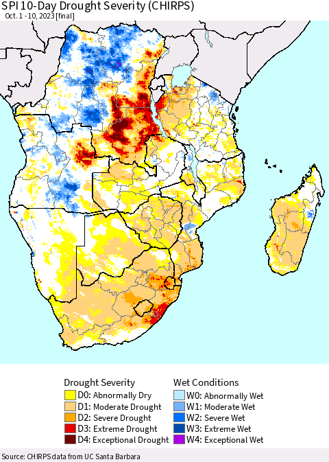 Southern Africa SPI 10-Day Drought Severity (CHIRPS) Thematic Map For 10/1/2023 - 10/10/2023