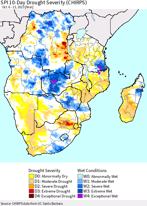 Southern Africa SPI 10-Day Drought Severity (CHIRPS) Thematic Map For 10/6/2023 - 10/15/2023