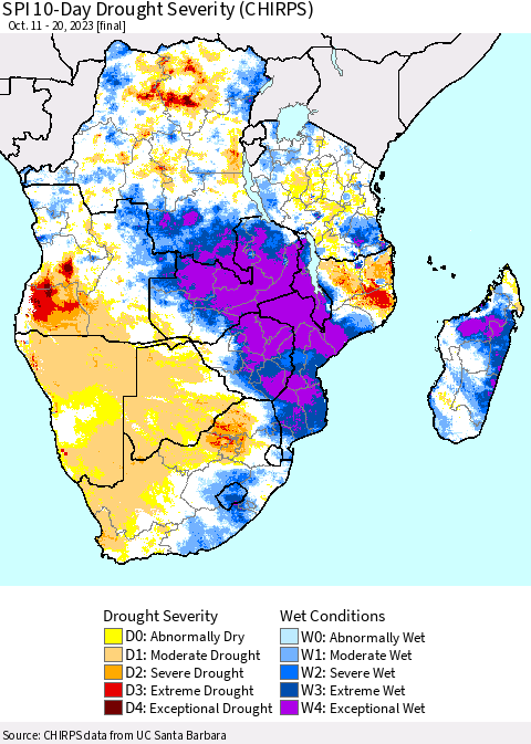 Southern Africa SPI 10-Day Drought Severity (CHIRPS) Thematic Map For 10/11/2023 - 10/20/2023
