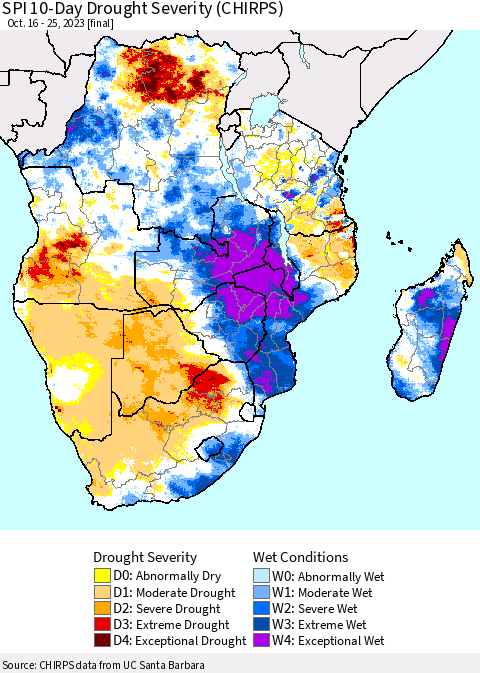 Southern Africa SPI 10-Day Drought Severity (CHIRPS) Thematic Map For 10/16/2023 - 10/25/2023