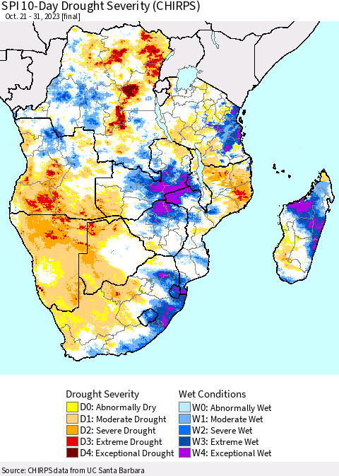 Southern Africa SPI 10-Day Drought Severity (CHIRPS) Thematic Map For 10/21/2023 - 10/31/2023