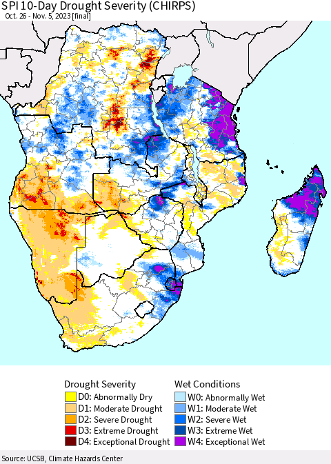 Southern Africa SPI 10-Day Drought Severity (CHIRPS) Thematic Map For 10/26/2023 - 11/5/2023