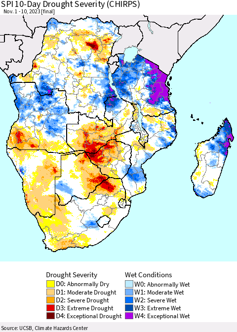 Southern Africa SPI 10-Day Drought Severity (CHIRPS) Thematic Map For 11/1/2023 - 11/10/2023