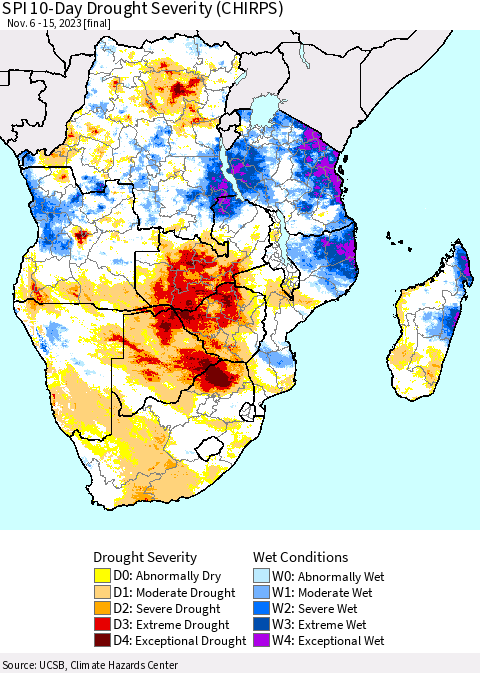 Southern Africa SPI 10-Day Drought Severity (CHIRPS) Thematic Map For 11/6/2023 - 11/15/2023
