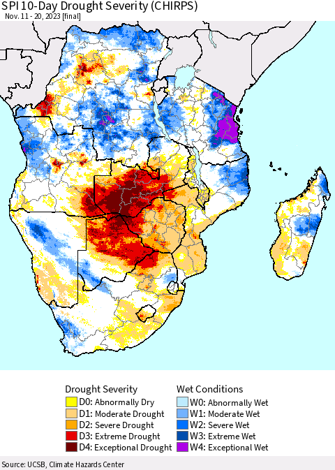 Southern Africa SPI 10-Day Drought Severity (CHIRPS) Thematic Map For 11/11/2023 - 11/20/2023