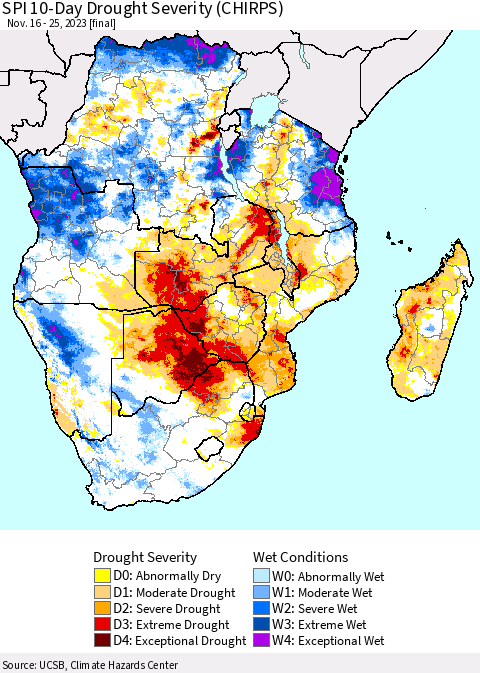 Southern Africa SPI 10-Day Drought Severity (CHIRPS) Thematic Map For 11/16/2023 - 11/25/2023