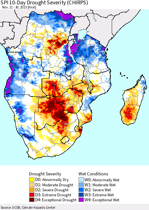Southern Africa SPI 10-Day Drought Severity (CHIRPS) Thematic Map For 11/21/2023 - 11/30/2023