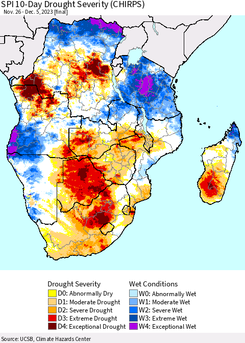 Southern Africa SPI 10-Day Drought Severity (CHIRPS) Thematic Map For 11/26/2023 - 12/5/2023