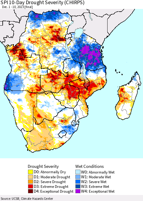 Southern Africa SPI 10-Day Drought Severity (CHIRPS) Thematic Map For 12/1/2023 - 12/10/2023