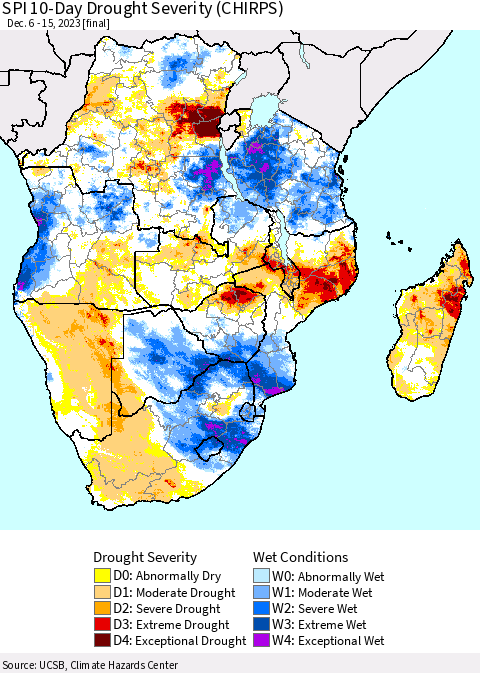 Southern Africa SPI 10-Day Drought Severity (CHIRPS) Thematic Map For 12/6/2023 - 12/15/2023