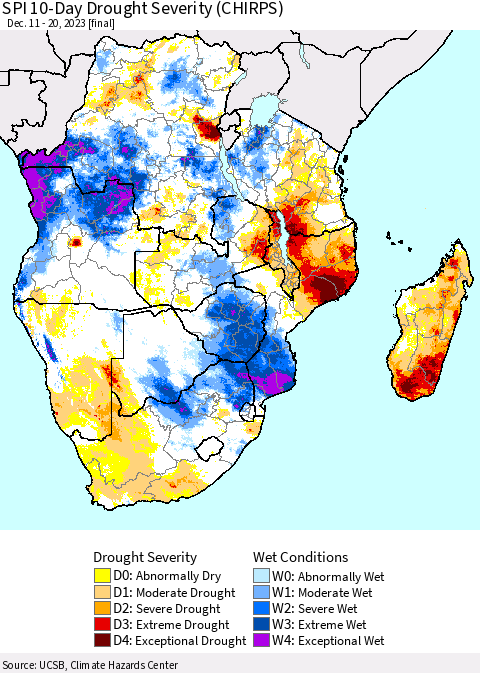 Southern Africa SPI 10-Day Drought Severity (CHIRPS) Thematic Map For 12/11/2023 - 12/20/2023