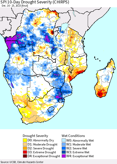 Southern Africa SPI 10-Day Drought Severity (CHIRPS) Thematic Map For 12/16/2023 - 12/25/2023