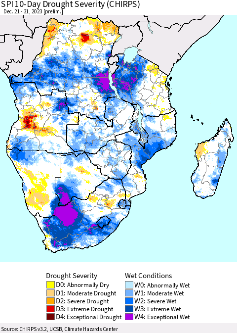 Southern Africa SPI 10-Day Drought Severity (CHIRPS) Thematic Map For 12/21/2023 - 12/31/2023