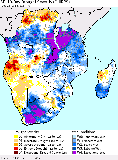 Southern Africa SPI 10-Day Drought Severity (CHIRPS) Thematic Map For 12/26/2023 - 1/5/2024
