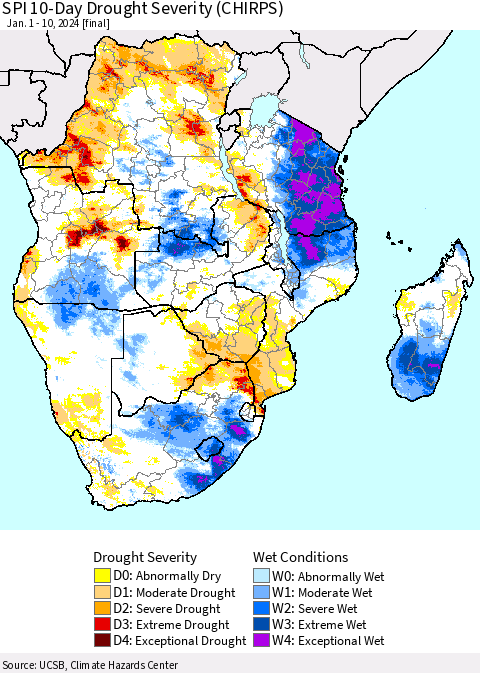 Southern Africa SPI 10-Day Drought Severity (CHIRPS) Thematic Map For 1/1/2024 - 1/10/2024