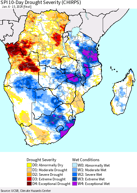 Southern Africa SPI 10-Day Drought Severity (CHIRPS) Thematic Map For 1/6/2024 - 1/15/2024