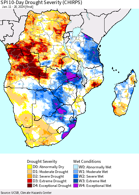 Southern Africa SPI 10-Day Drought Severity (CHIRPS) Thematic Map For 1/11/2024 - 1/20/2024