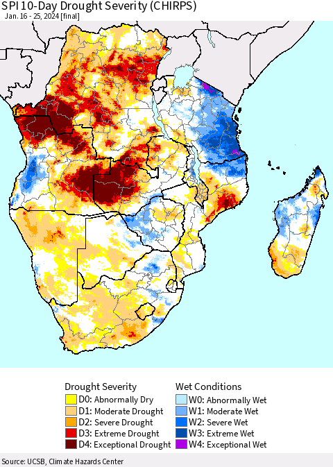 Southern Africa SPI 10-Day Drought Severity (CHIRPS) Thematic Map For 1/16/2024 - 1/25/2024