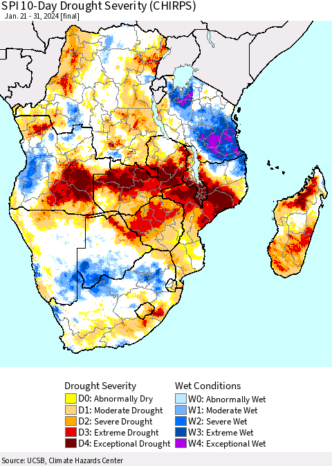 Southern Africa SPI 10-Day Drought Severity (CHIRPS) Thematic Map For 1/21/2024 - 1/31/2024